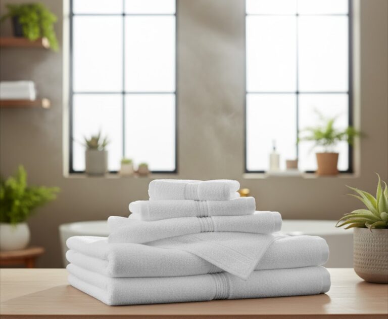 stack of white zero-twist cotton towels on wooden counter