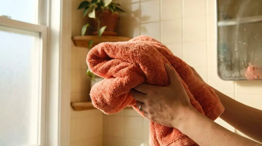 Hands holding a folded coral bath towel in a bright bathroom